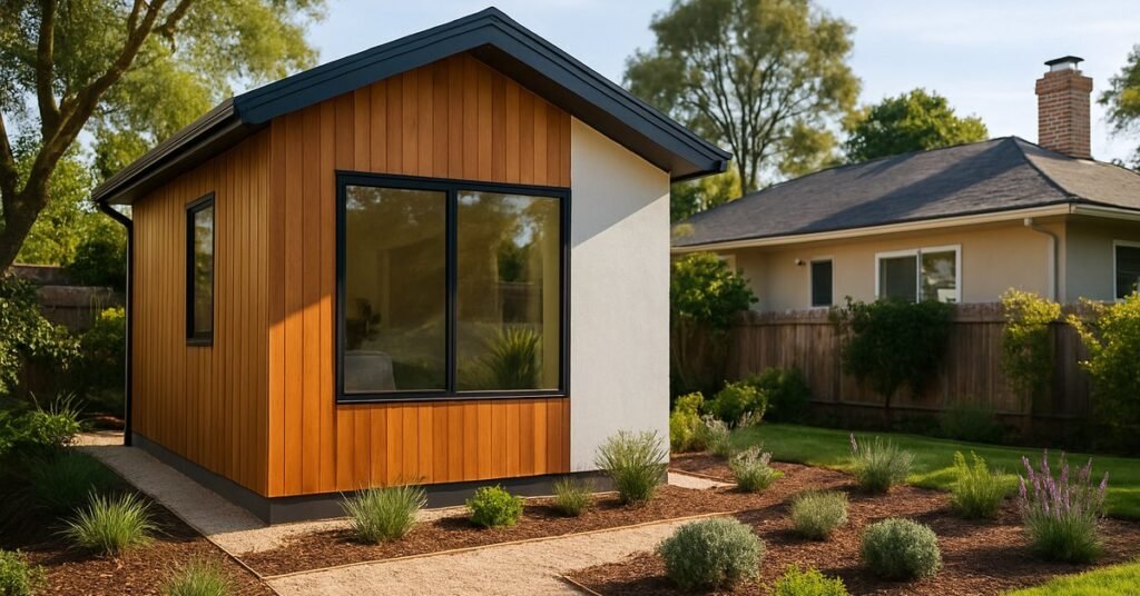 A newly finished detached ADU built by a Palo Alto CA contractor in a backyard garden setting