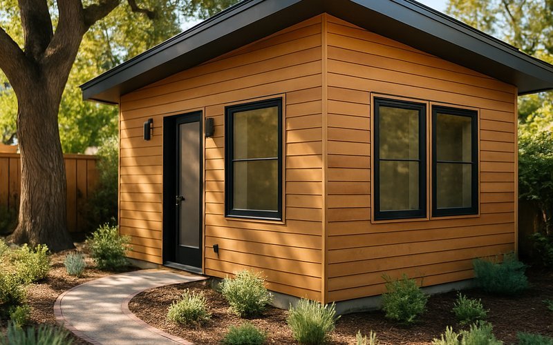 Newly built detached ADU by Palo Alto ADU builders in a residential backyard with modern wood siding and landscaping