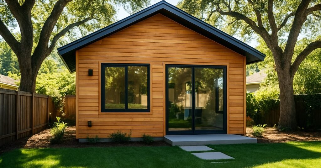 A finished detached ADU built by an ADU company in Palo Alto CA, with modern siding and backyard landscaping