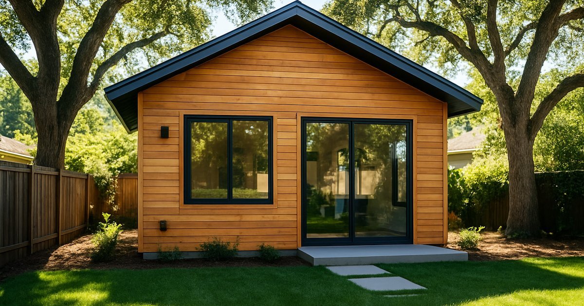 A finished detached ADU built by an ADU company in Palo Alto CA, with modern siding and backyard landscaping