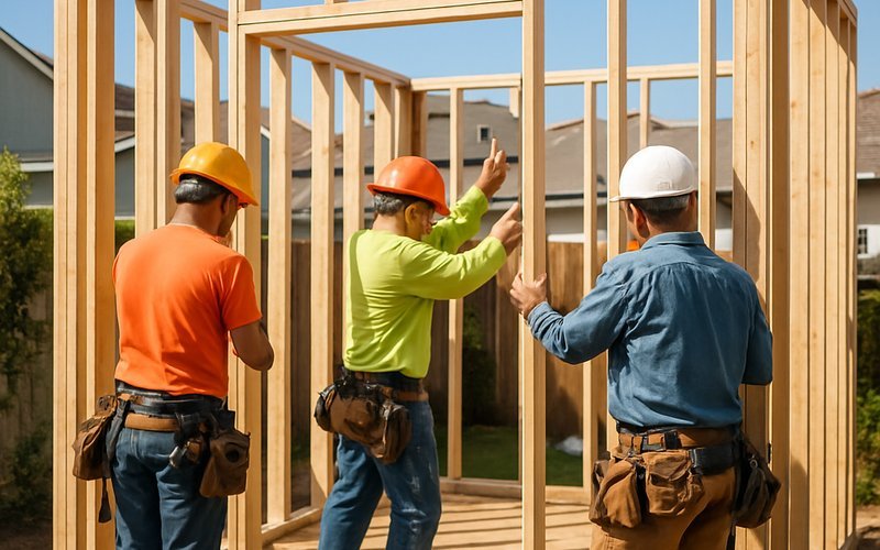 Construction crew framing an ADU in a Palo Alto CA backyard showing the building timeline in progress
