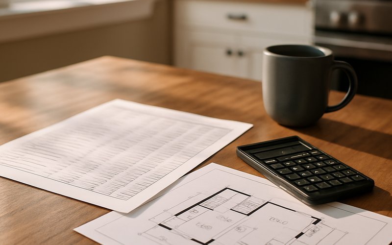 ADU contractor cost estimate documents and architectural drawings on a table for a Palo Alto accessory dwelling unit project
