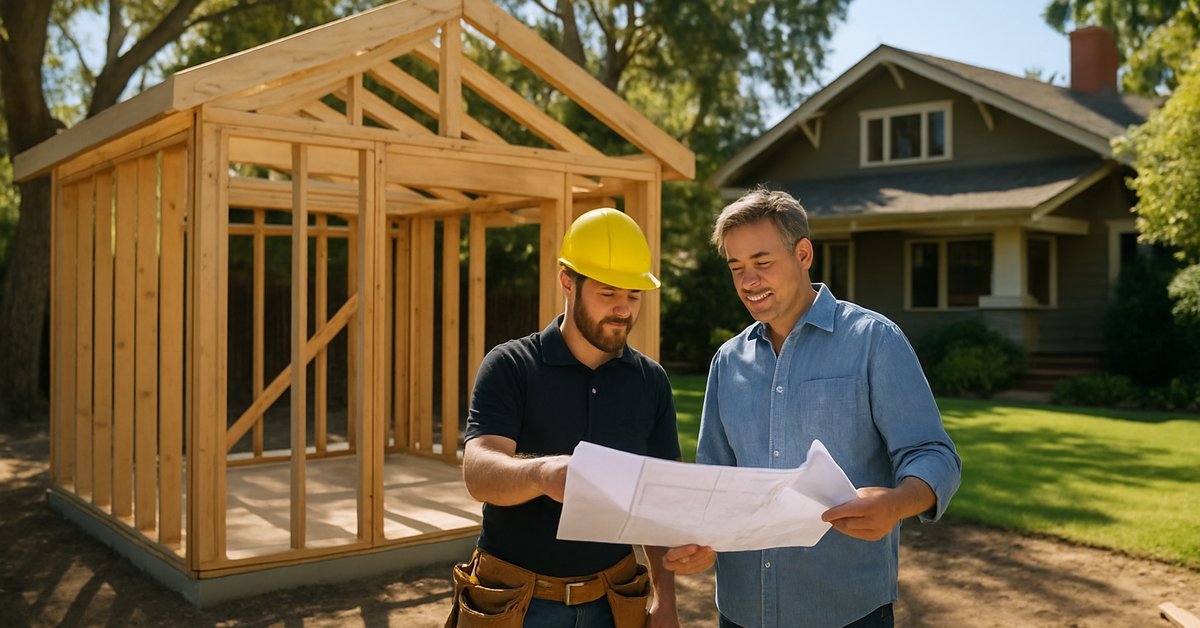 A contractor reviewing ADU blueprints with a homeowner in a Palo Alto backyard next to a newly framed detached accessory dwelling unit