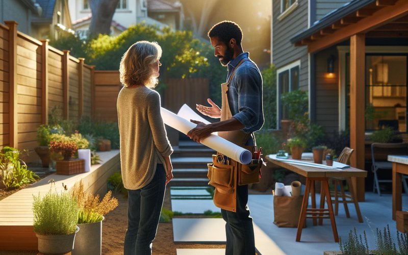 Homeowner and ADU builder reviewing backyard plans during a consultation in Palo Alto