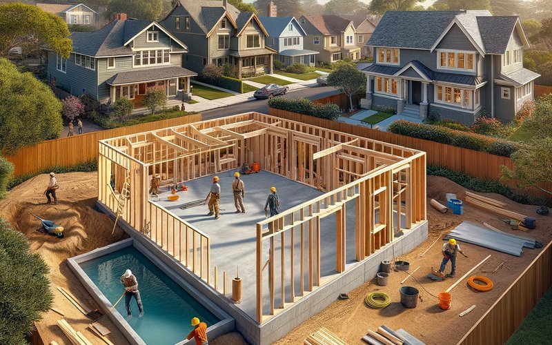 Detached ADU under construction in a Palo Alto backyard with framing and foundation complete