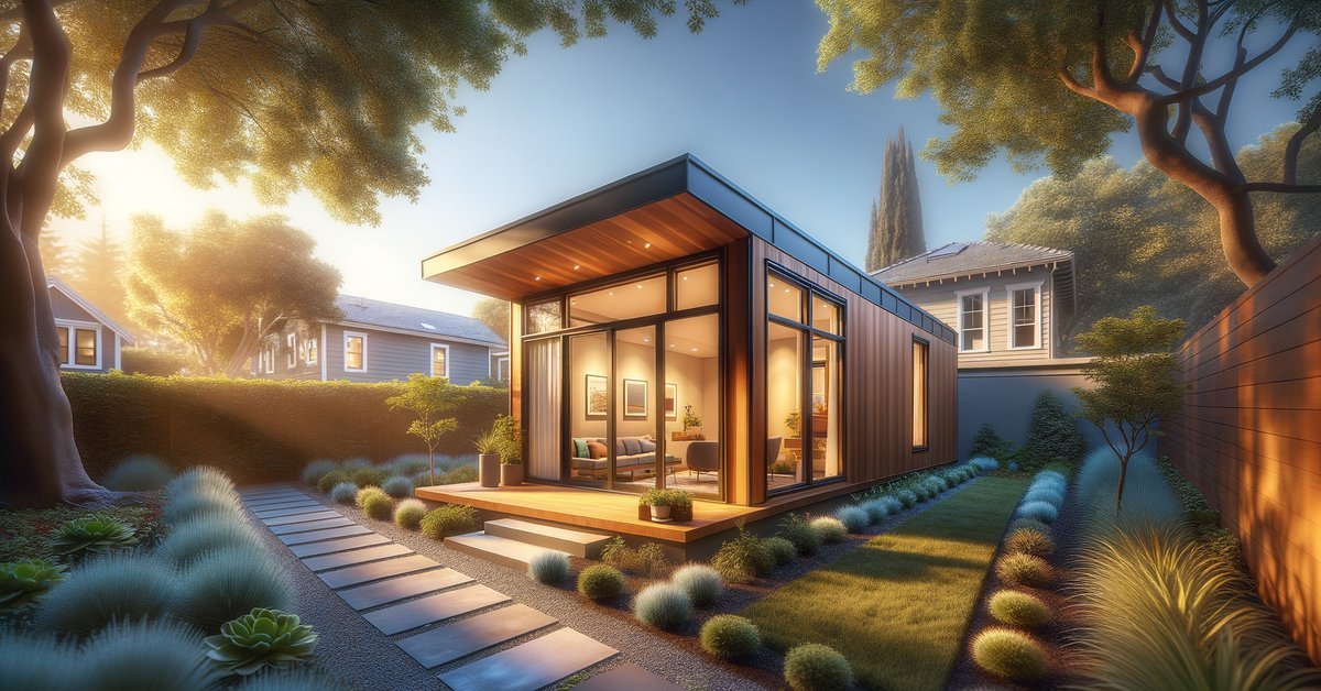 Newly built detached ADU in a Palo Alto backyard with modern design and landscaped path