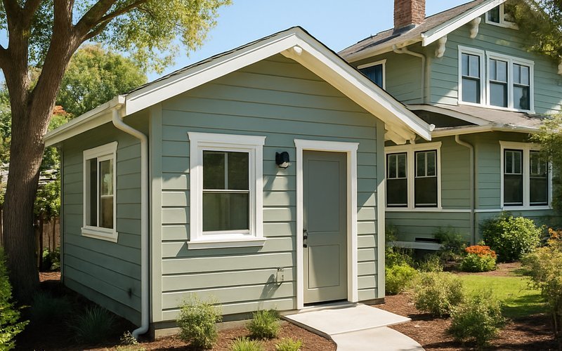 Completed ADU addition built by a custom home builder in Palo Alto attached to the rear of an existing craftsman-style home