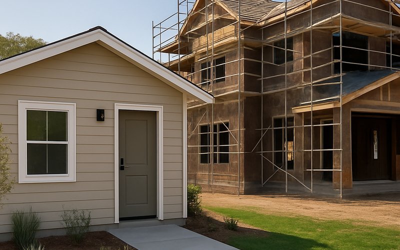 Comparison of a detached ADU and a custom home under construction in a Palo Alto residential neighborhood