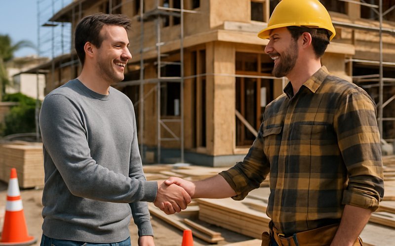 Homeowner choosing and shaking hands with a custom home builder in Palo Alto at a residential construction site