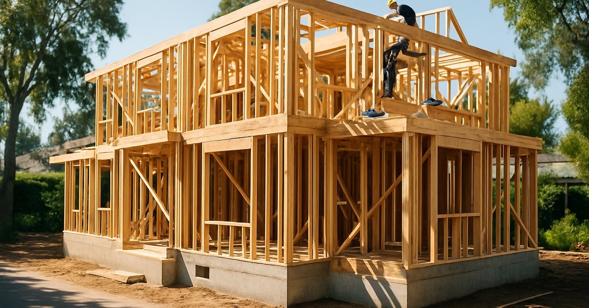 Custom home builder in Palo Alto constructing a new two-story residence with wood framing and concrete foundation in a residential neighborhood