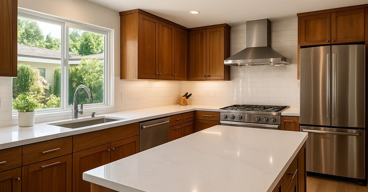 Custom home builders in Palo Alto completing a modern kitchen remodel with white quartz countertops and custom cabinetry