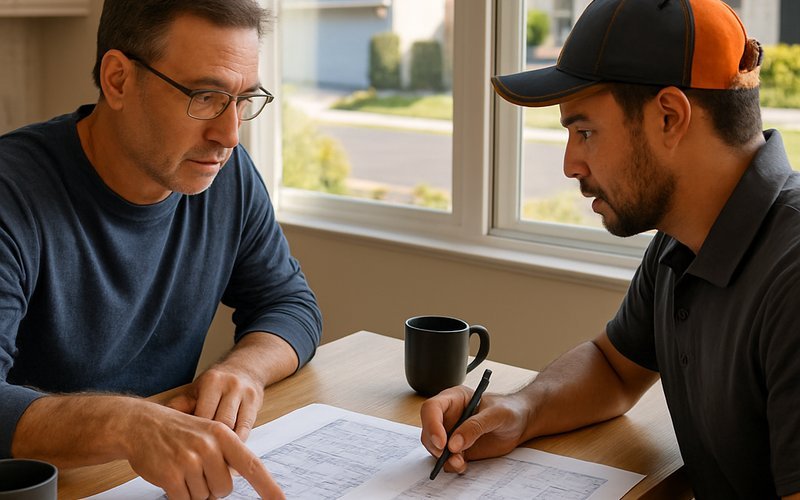 Homeowner and custom home builder in Palo Alto reviewing construction cost estimates and blueprints at a kitchen table