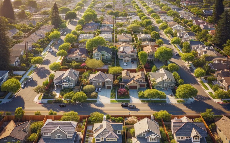 Aerial view of Palo Alto R-1 residential lots showing backyard space for detached ADUs and existing garages for conversion
