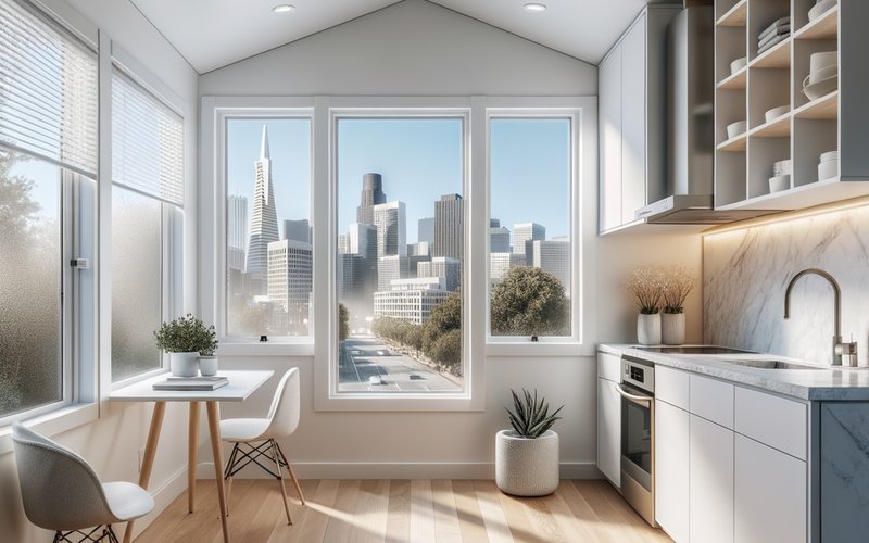 Interior of a finished Palo Alto ADU unit showing modern kitchen and living space with high rental income potential