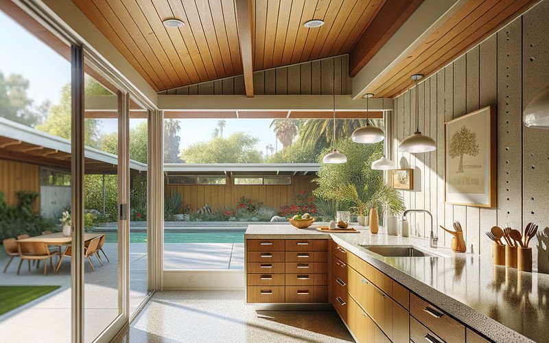 A remodeled Eichler kitchen in Palo Alto's Green Gables neighborhood featuring walnut cabinets and terrazzo countertops that complement the mid-century architecture