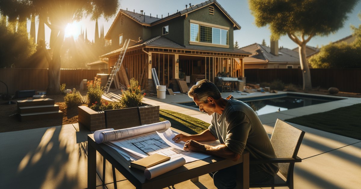 San Jose homeowner reviewing home builder contract documents with a construction project in the background