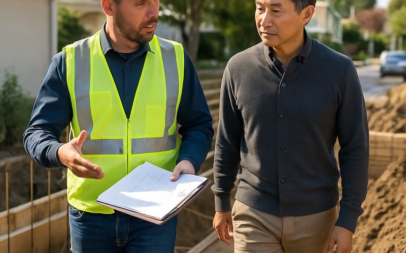 Licensed bay area home builder walking a Palo Alto homeowner through a new construction project site