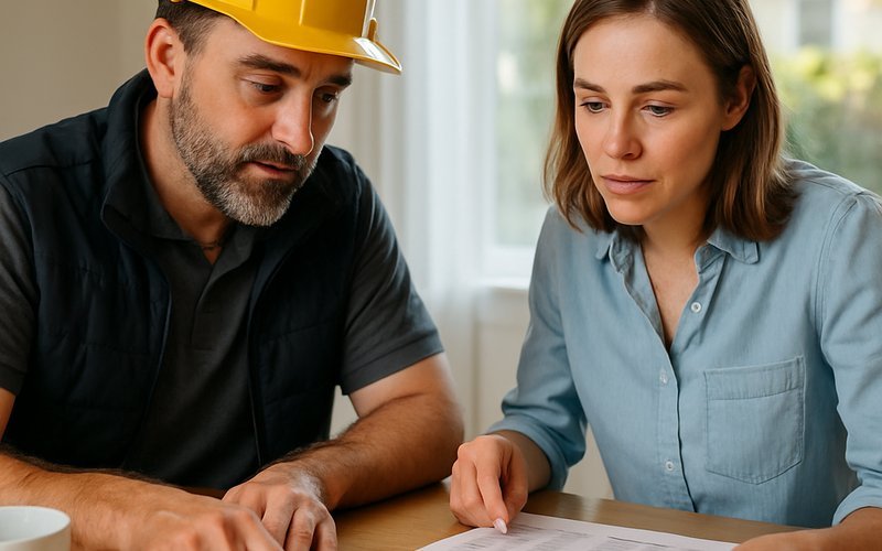 Homeowner and bay area home builder reviewing project cost estimates for a Palo Alto addition or ADU in 2026