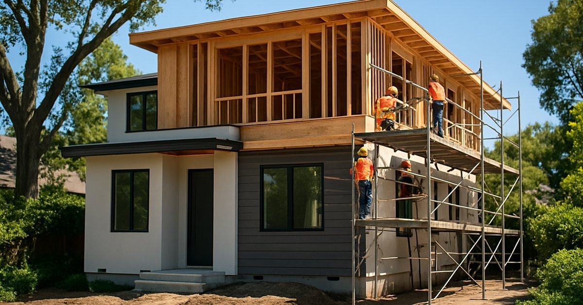 Custom home being built by a home builder in Palo Alto CA with wood framing and scaffolding visible on a residential street