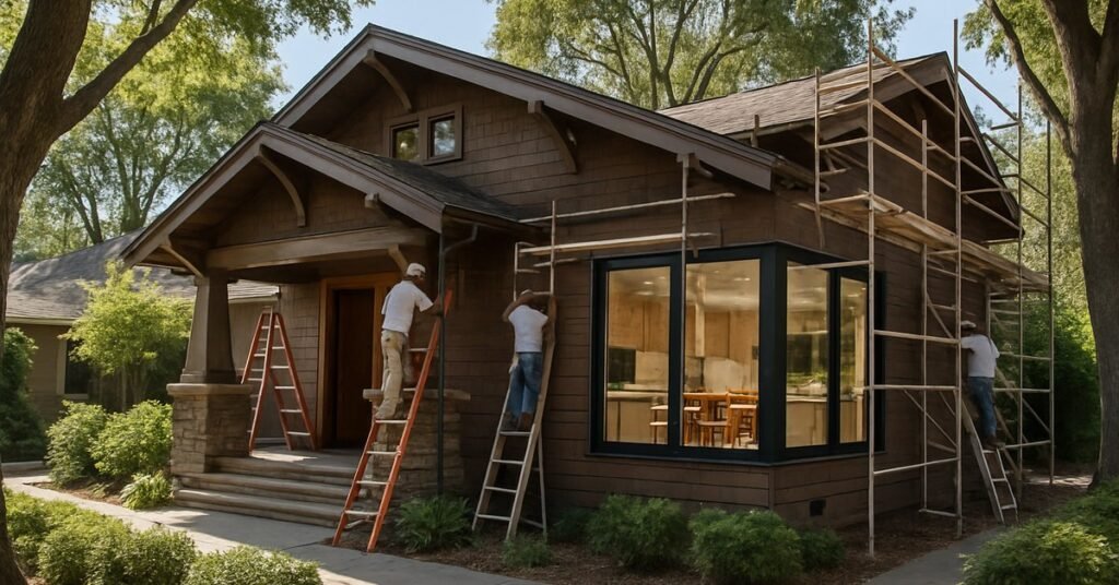 Home remodeling project in Palo Alto showing a craftsman house with a room addition and new windows under construction