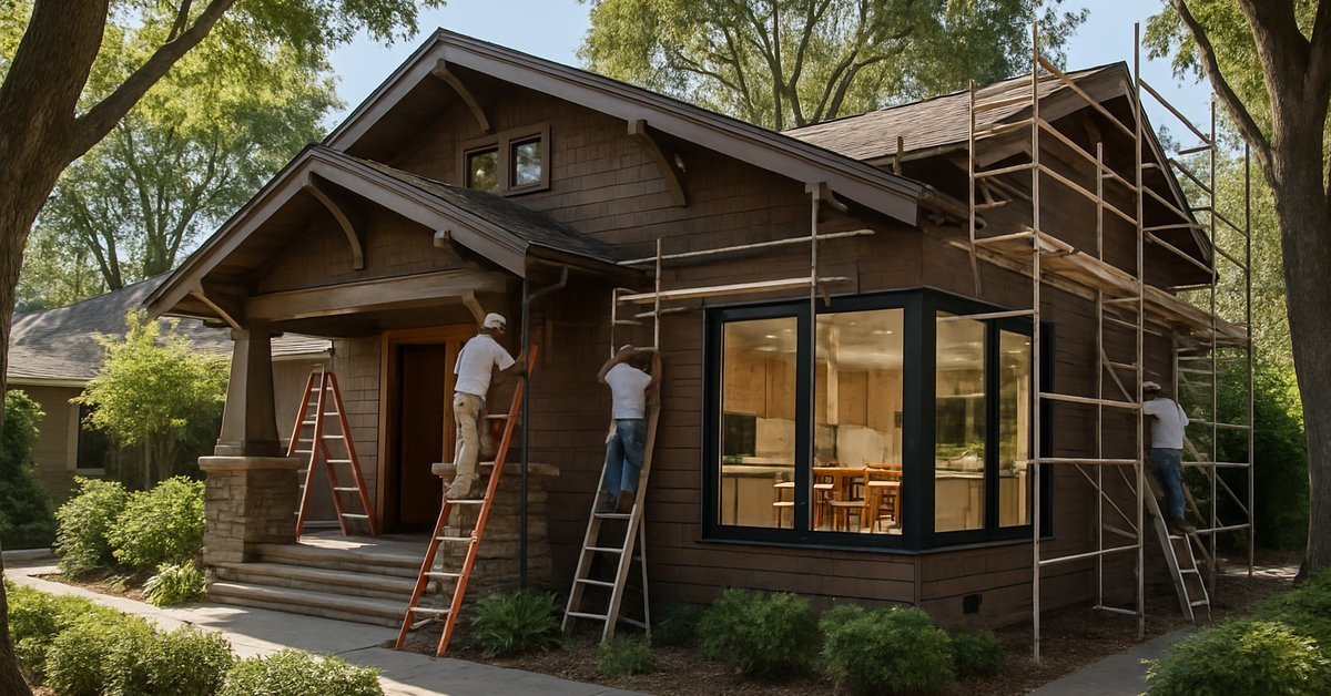 Home remodeling project in Palo Alto showing a craftsman house with a room addition and new windows under construction