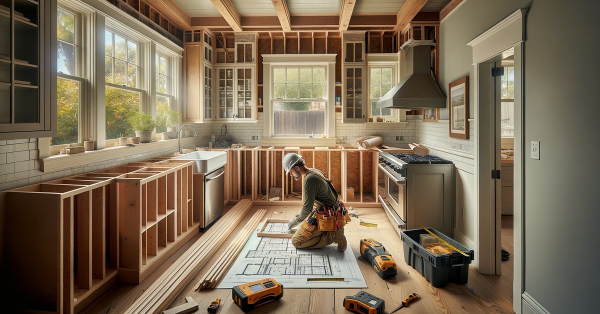 Contractor measuring a kitchen remodel in progress in a San Mateo home with exposed framing and new cabinetry ready for installation