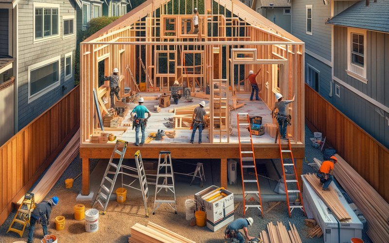 Detached ADU under construction in a Palo Alto backyard showing wood framing and active building work