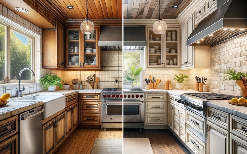 Comparison of a cosmetic kitchen refresh versus a full gut remodel in a Palo Alto home showing before and after results