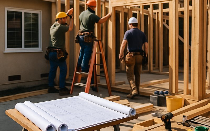 Construction crew framing a room addition alongside a kitchen remodel project on a Palo Alto CA home