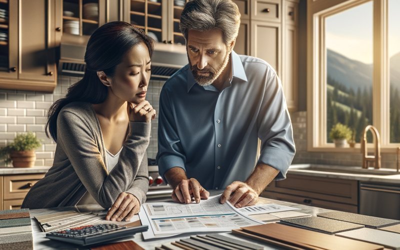 Contractor reviewing kitchen remodel cost estimate with a homeowner in a Mountain View kitchen with material samples on the counter