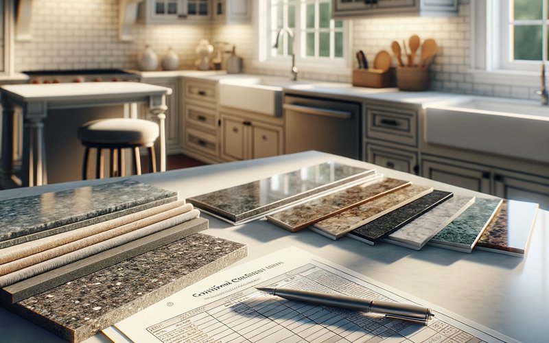 A kitchen remodel cost estimate with material samples spread on a countertop for a Santa Clara homeowner planning a Palo Alto project