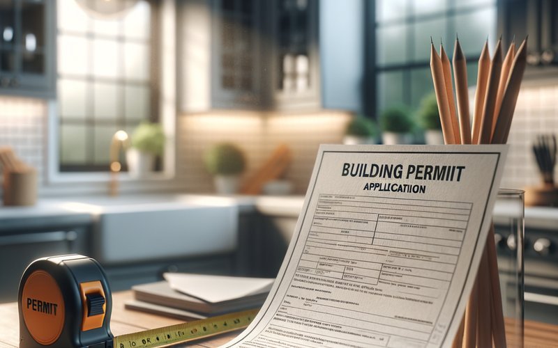 Kitchen remodel permit documents on a counter showing Mountain View building permit requirements for kitchen projects
