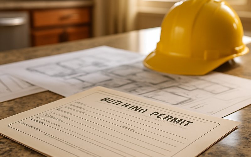 Building permit documents and architectural plans for a kitchen remodel permit in Palo Alto CA