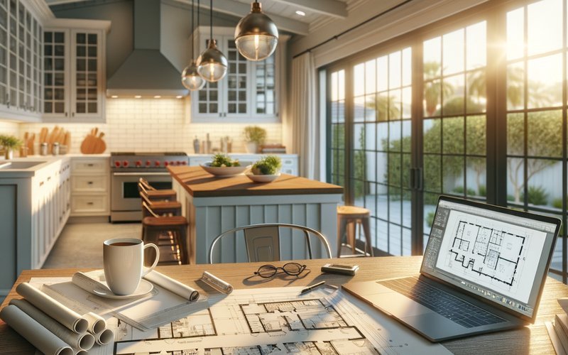 Floor plan drawings for a kitchen remodel combined with a room addition or ADU project in a Mountain View home