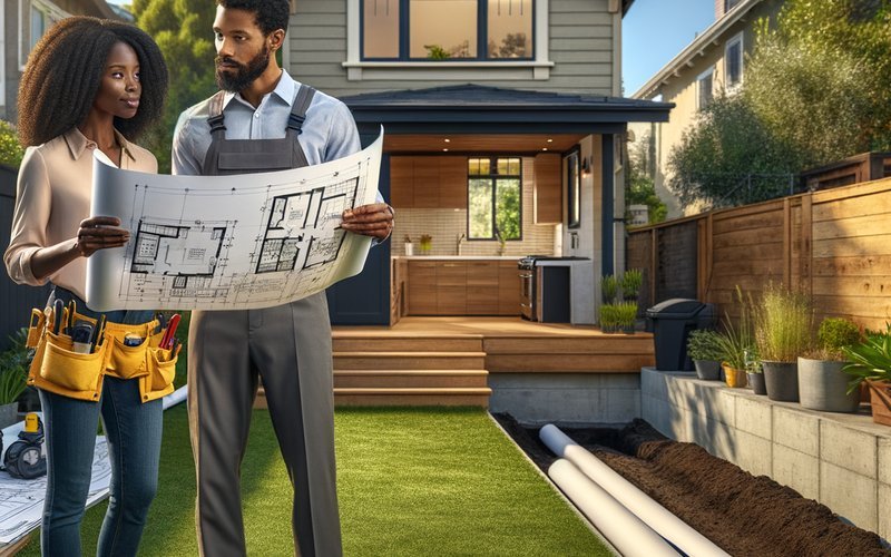 A contractor reviewing combined kitchen remodel and ADU addition plans with a homeowner in a Palo Alto backyard
