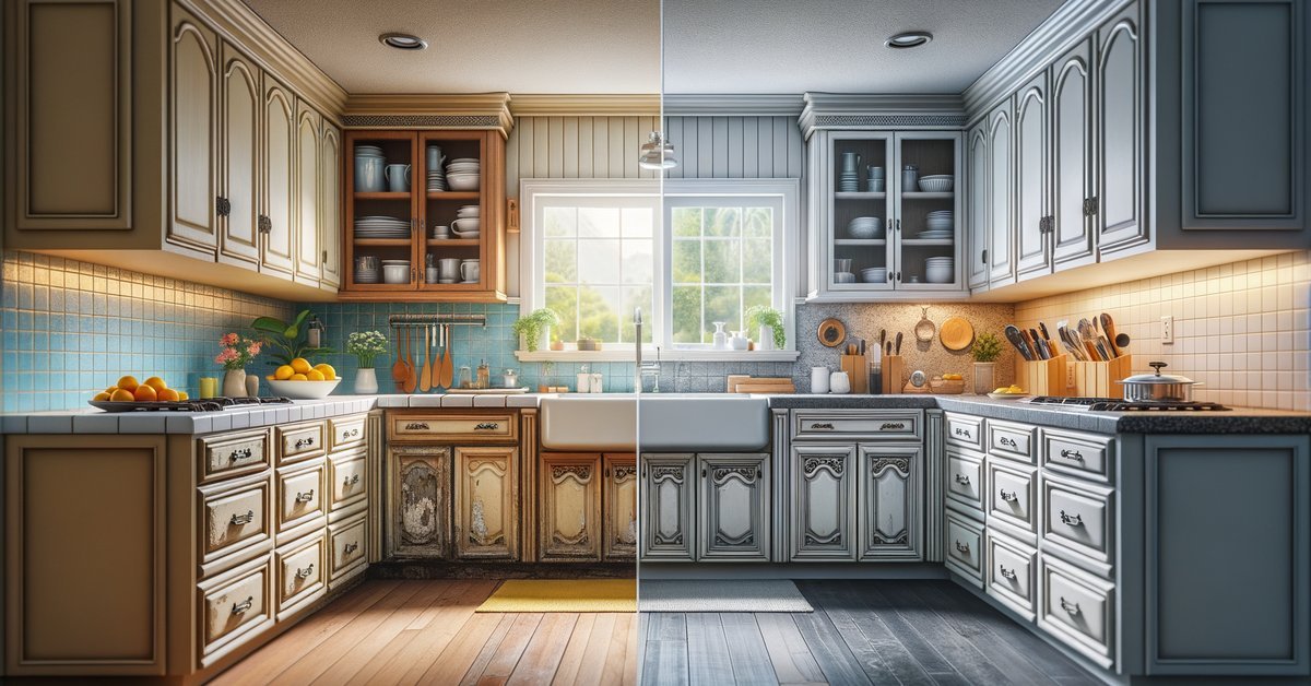 Kitchen remodel vs refresh comparison inside a Mountain View home showing before and after cabinet and countertop updates