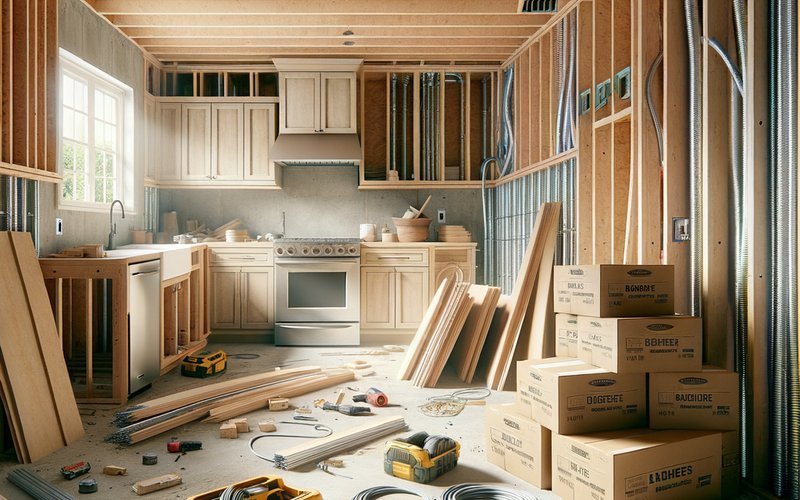 San Mateo kitchen remodel in progress showing rough framing, plumbing, and stacked cabinet boxes during the construction phase