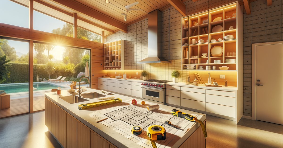 A mid-century Eichler kitchen mid-remodel in Palo Alto showing new countertops alongside unfinished cabinetry and contractor plans