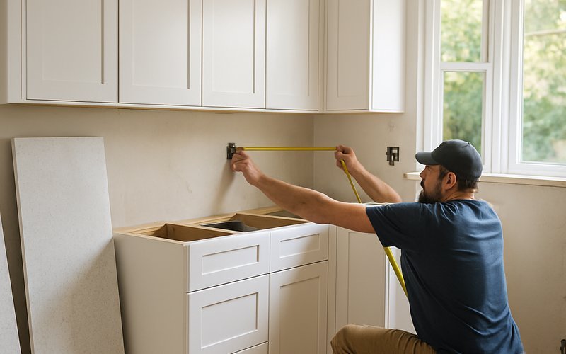 Kitchen remodeling in progress inside a Palo Alto home with new cabinets and countertops being installed