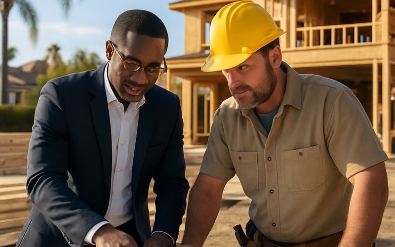 Architect and contractor reviewing blueprints for a luxury custom home build in Palo Alto with framing visible in background