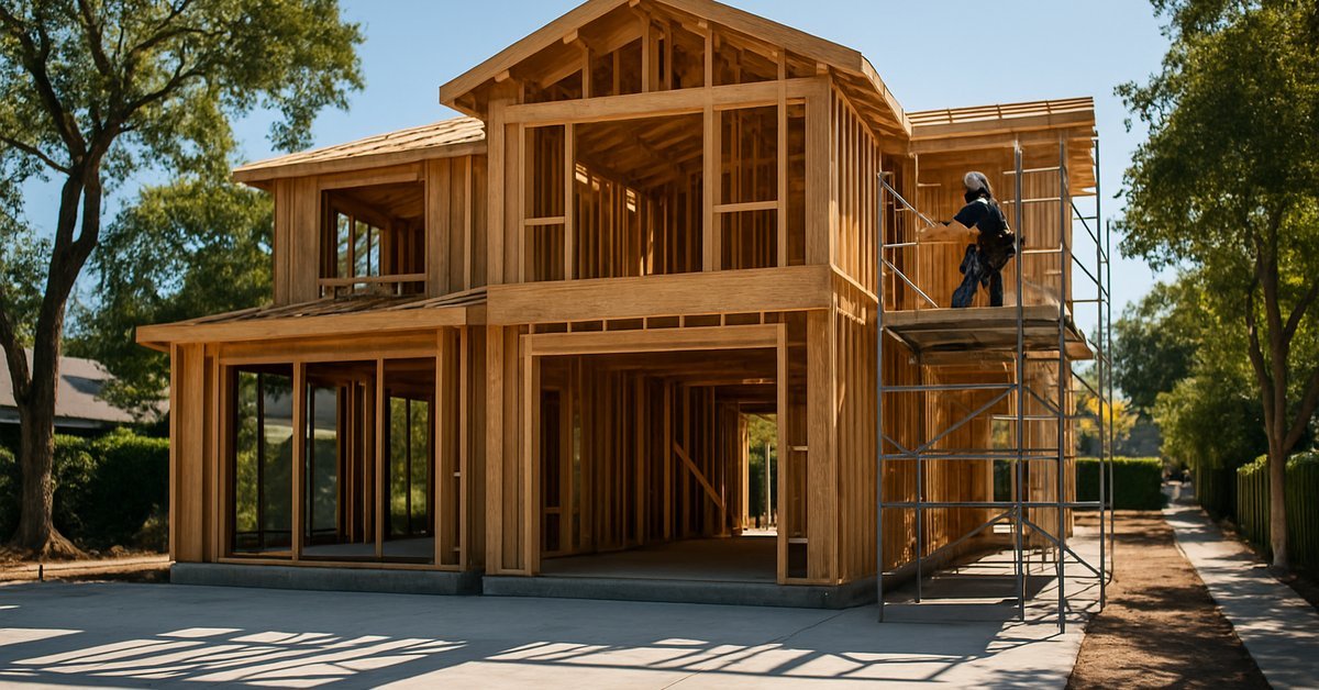 Luxury custom home under construction by Palo Alto home builders with scaffolding and large window framing visible