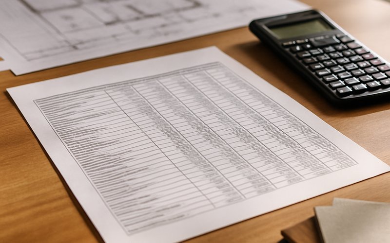 Construction cost breakdown documents and blueprints for new home construction in Palo Alto CA