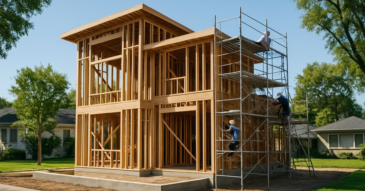Custom home under construction in Palo Alto CA showing wood framing and scaffolding on a residential street