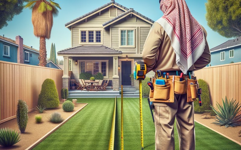 Contractor measuring rear yard setback distance for a detached ADU project under Palo Alto ADU permit requirements