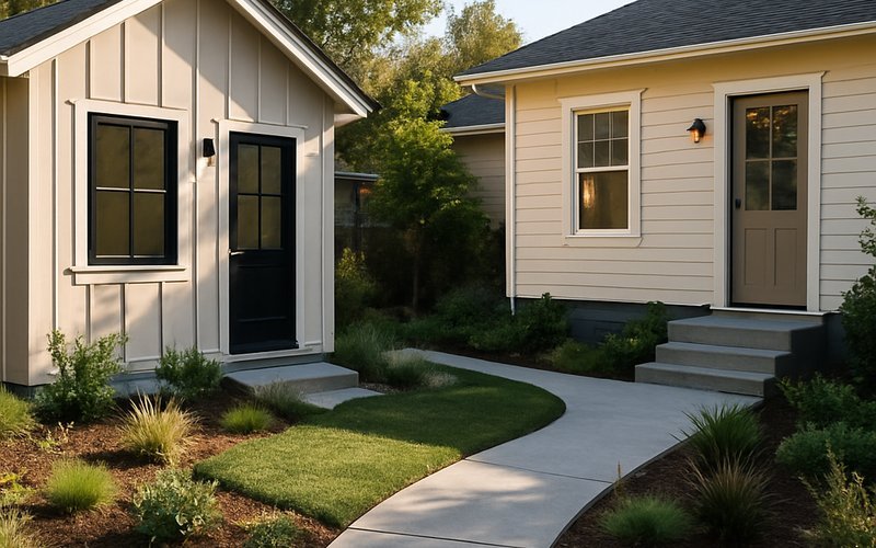 Backyard ADU and main house on a Palo Alto lot comparing ADU construction to full new home building