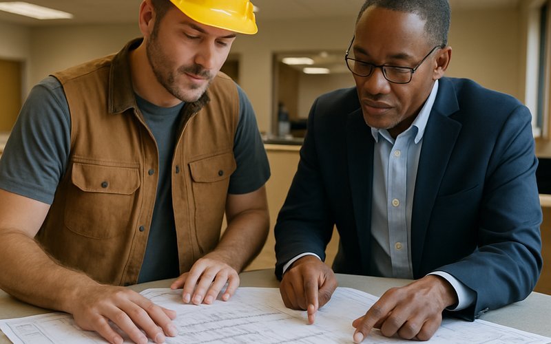 Contractor reviewing building permit documents at the Palo Alto Development Services Center for a home addition project