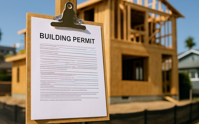 Building permit posted at a new home construction site in Palo Alto with framed structure visible in the background