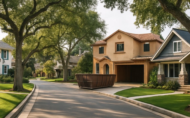 Tree-lined street in a Palo Alto luxury neighborhood showing custom homes and one property under renovation