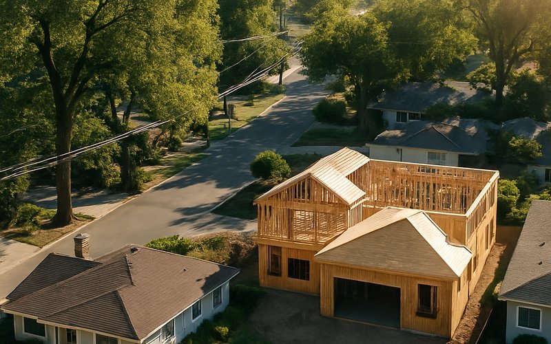 Aerial view of a Palo Alto neighborhood showing new custom home construction among established residential properties