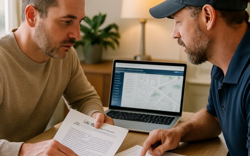 Homeowner reviewing Palo Alto Planning and Development Services Center permit documents for a luxury home construction project
